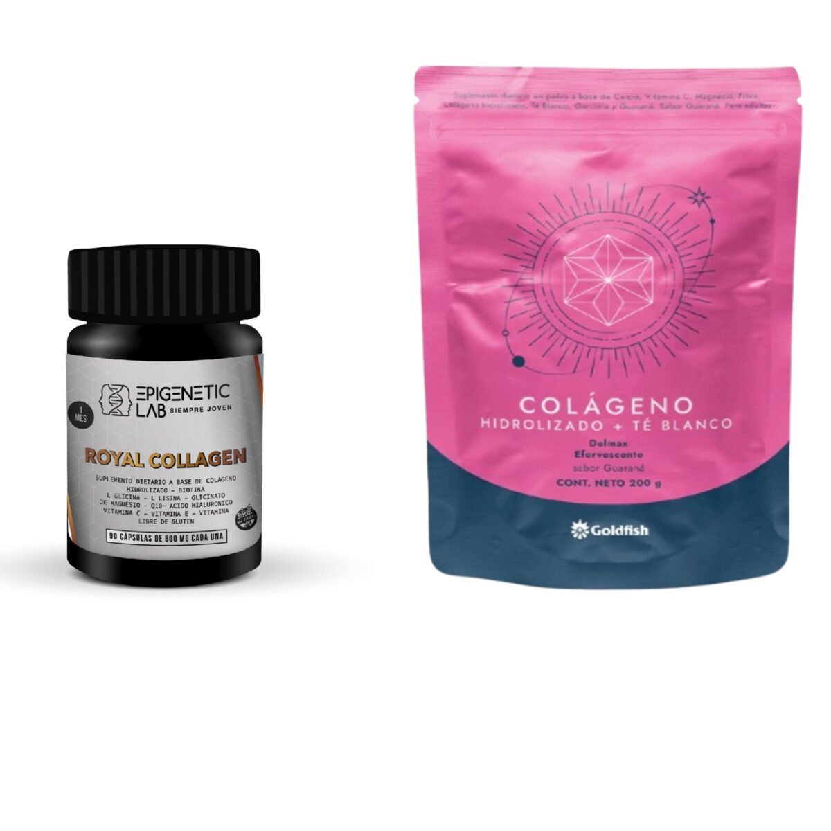 ROYAL COLLAGEN DESARROLLADOR DE COLAGENO X 90 CAPSULAS DE 600 MG SIN TACC + COLAGENO CON TE BLANCO + CALCIO + MAGNESIO + VIT C X 200 GR