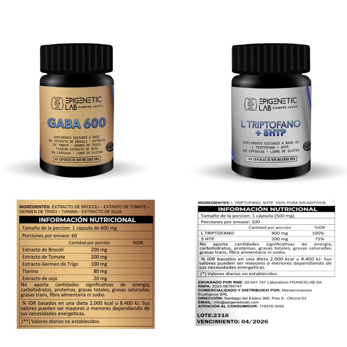 GABA 600 X 60 CAPSULAS DE 600 MG + 5HTP TRYPTOFANO X 100 CAP DE 500 MG C/U